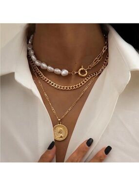 24k Gold Plated Boho Coin Layered Necklace new